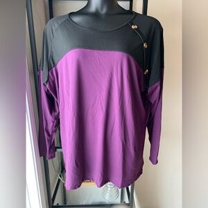NWOT Women's Black and Purple Button-Accent Long Sleeve Top Shirt Comfy Casual